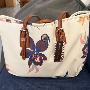 Dana Buchman White Floral Tote with Brown Handles and Blue Accents
